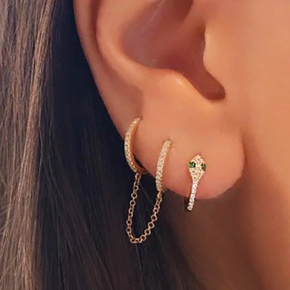 Dainty Tiny Serpent Hoop Earrings with Emerald Simulant CZ Stones NEW Stamped925 - Picture 1 of 7